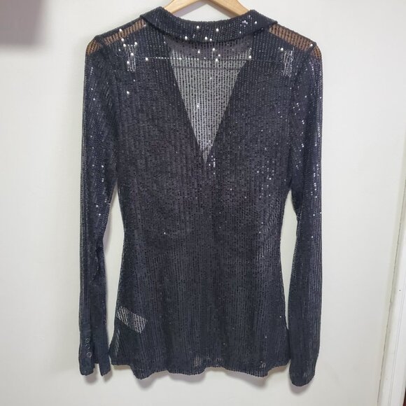 FREE PEOPLE Sequin Shirtee Button Up Blouse Top Ruched Sheer Black Women's Large - Picture 8 of 12